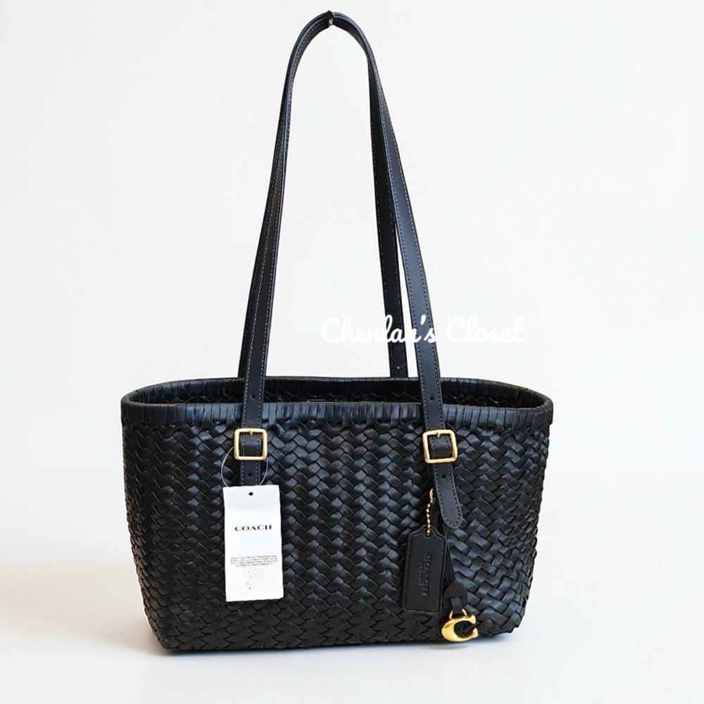 Coach Black Woven Leather Swing Tote Carryall Shoulder Bag Purse - Picture 9 of 13